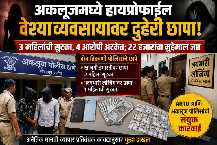 अकलूजमध्ये हायप्रोफाईल वेश्या व्यवसायावर पोलिसांचा दुहेरी छापा; तीन महिलांची सुटका, चार आरोपी अटकेत